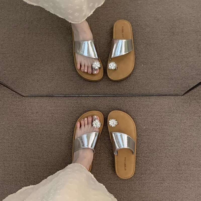 Women's Summer Outdoor Slippers with a Stepping-On-Clouds Feel, Comfortable and Versatile, 2026 New Model, Silver One-Strap Beach Sandals That Match with Skirts Women's Summer Outdoor Slippers with a Stepping-On-Clouds Feel, Comfortable and Versatile, 2026 New Model, Silver One-Strap Beach Sandals That Match with Skirts