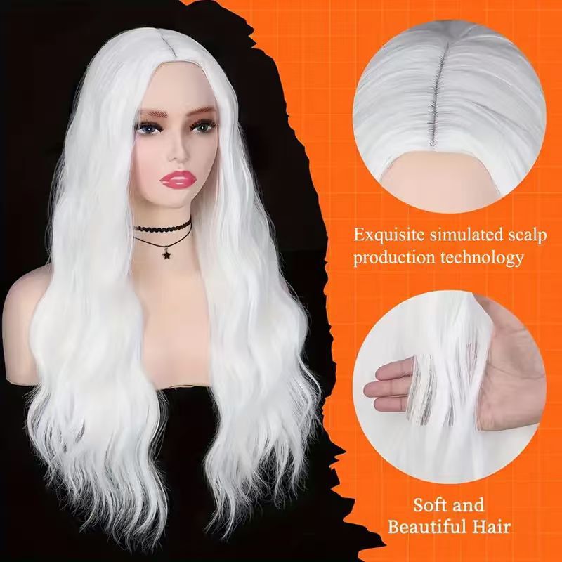 2025 Cross-Border New Full Headgear European and American Women's Wig Scalp Top Long Curly Hair Pure White Wavy Curls