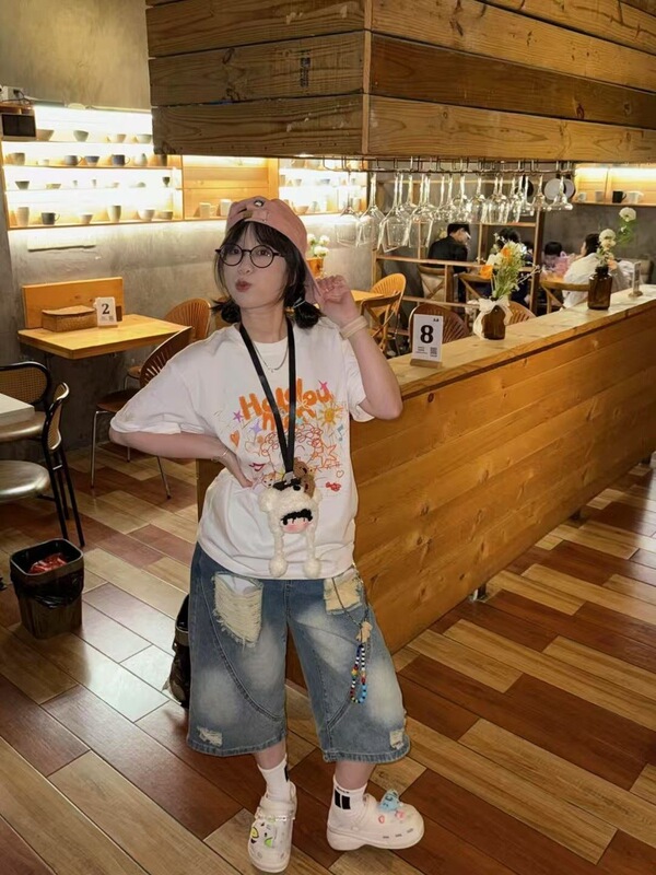 香港スタイルのプリント半袖Tシャツ、甘くてクールなルーズコットン半袖Tシャツ、女性用ジェンダーレスサマーユニフォーム|undefined