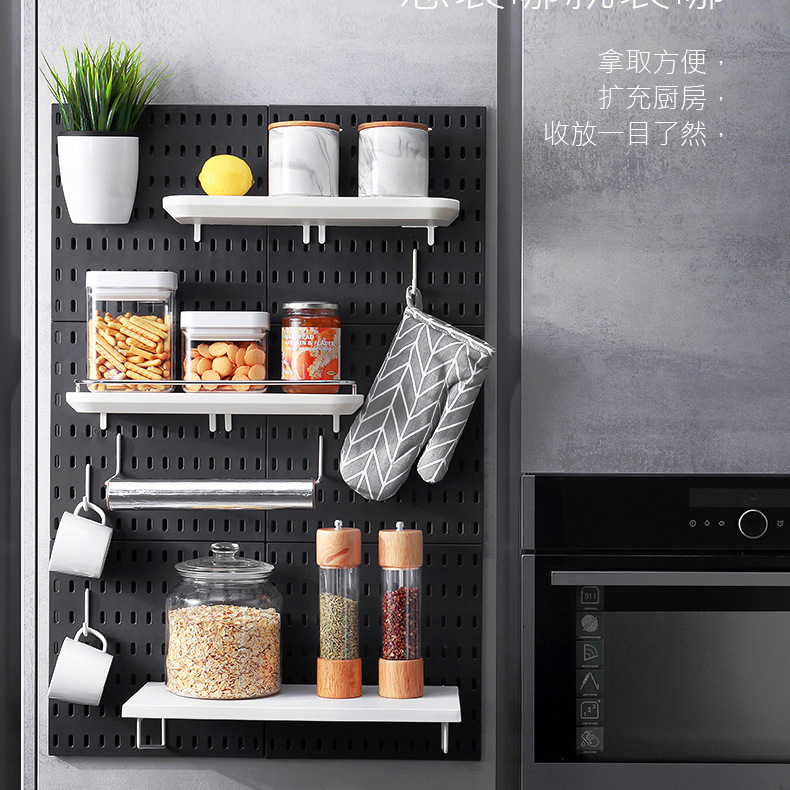 穴の板の壁の展示の装飾は穴を開けないデスクトップの台所の家庭用の収納のプラスチックの組み合わせの物置棚を挿します。