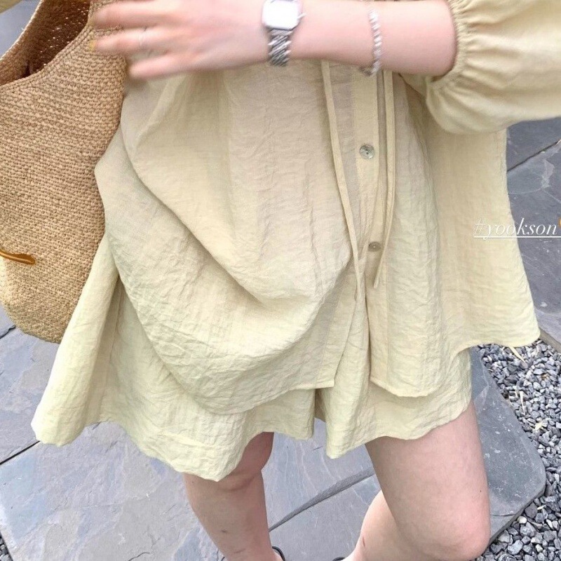 法式慵懒风防晒衬衫短裤两件套薄款抽绳女夏泡泡袖开衫套装遮肚|undefined