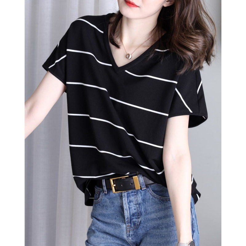 Short-Sleeved Summer New Fat mm Loose Version V-Neck Black and White Stripesd T-Shirt Women's Thin Large Size Ice Silk Knitwear Top