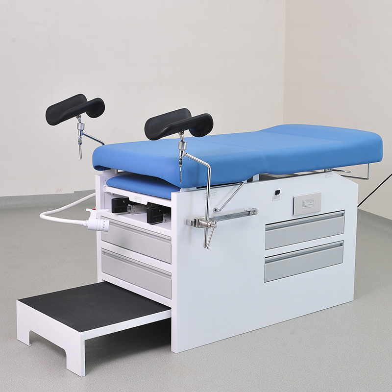 Mesa de examen ginecológico tipo gabinete manual del hospital tipo base de cinturón para levantar la espalda y elevar las piernas y ajustar la longitud de la función del taburete