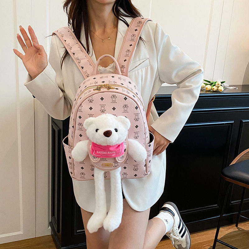 Mochila portátil de dibujos animados de alto valor universitario otoño y invierno estereoscópico peluche osos mochila de mujer gran capacidad