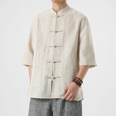 中国風メンズリネンシャツ中国風唐服綿麻メンズ七分袖シャツ夏レトロ立襟上着|undefined