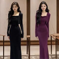 小个子紫色吊带连衣裙子女装2025新款秋季穿搭高级感包臀长裙套装