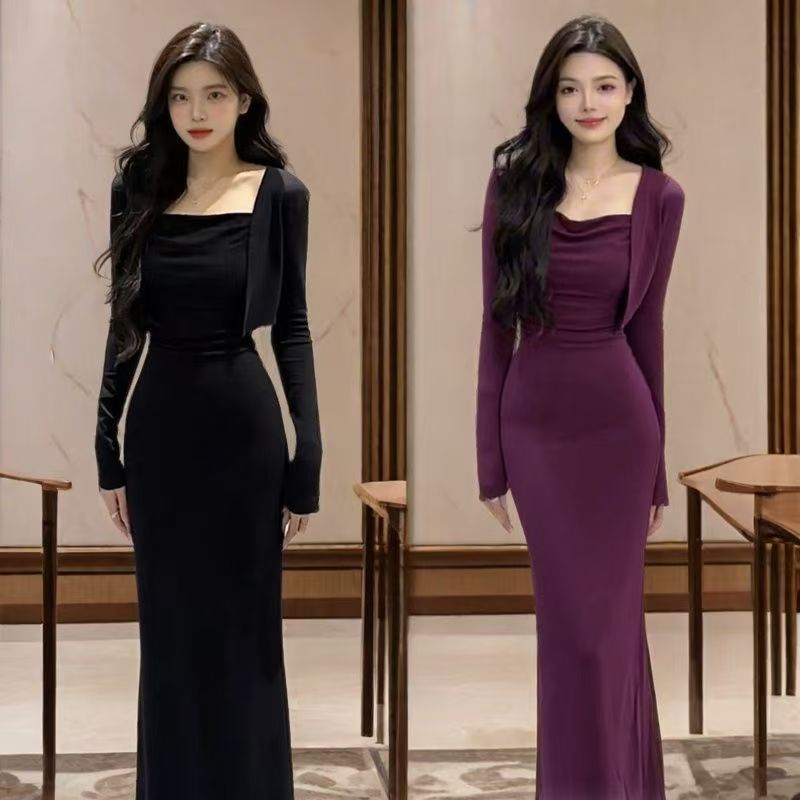 小个子紫色吊带连衣裙子女装2025新款秋季穿搭高级感包臀长裙套装|undefined