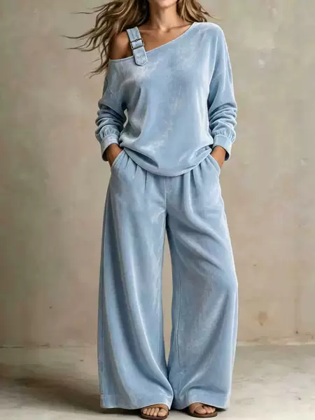 European and American cross-border independent site Amazon 2026 new autumn and winter women's fashion velvet one-shoulder casual two-piece set