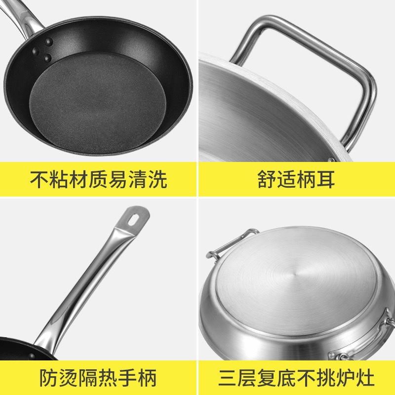 Cocina occidental antiadherente plana sartén Placa de carne de acero inoxidable compuesto inferior sola manija sartén Cocina de Inducción de gas Universal