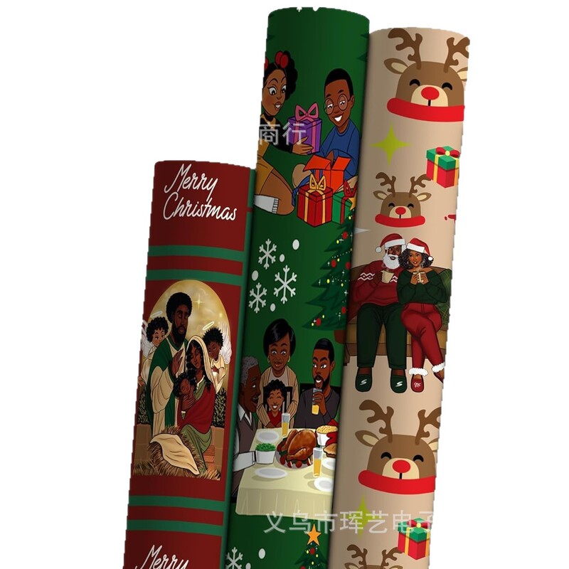 跨境爆款Santa Claus wrapping paper黑色圣诞老人包装纸可代贴标|undefined