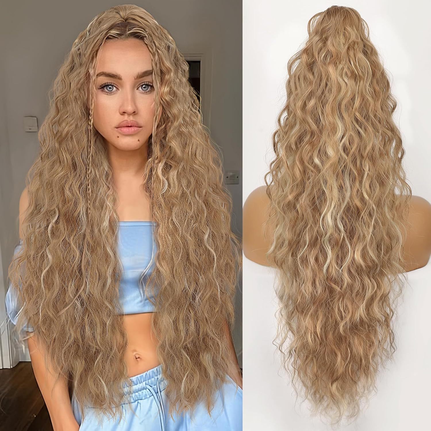 Xuchang peluca pinza cola de caballo ondulación de agua pelo largo y rizado cola de caballo natural esponjosa cola de caballo larga de Amazon 30 pulgadas