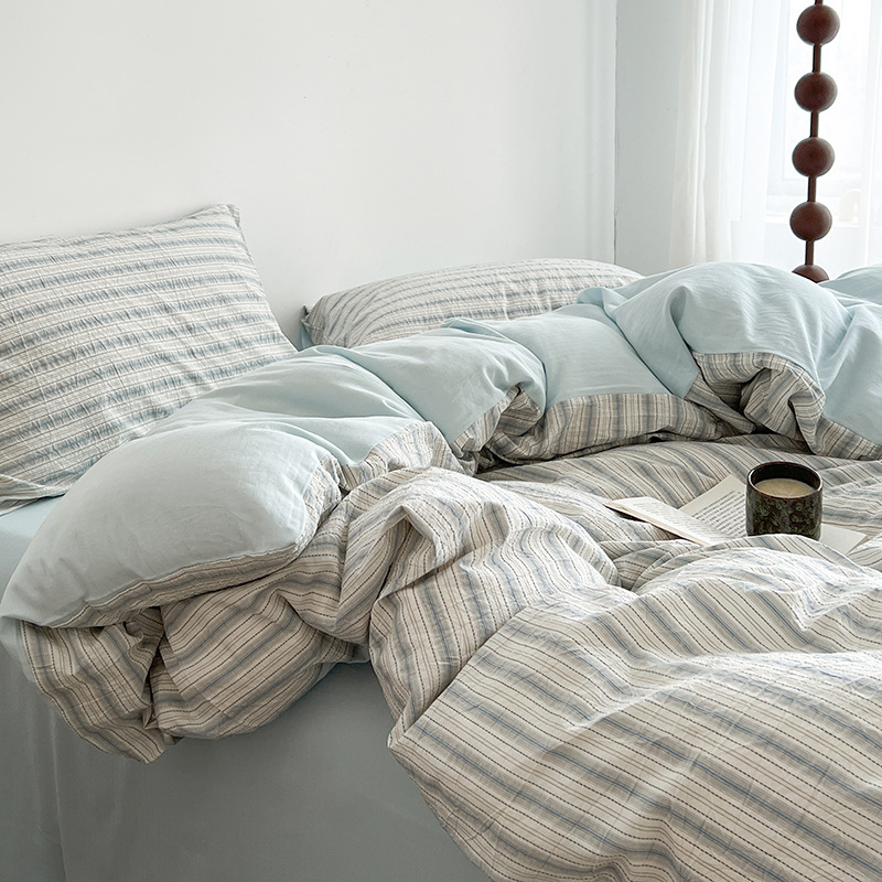 Minimalist Striped Cotton Bed Sheet Set For Student Dormitory_voghion.com