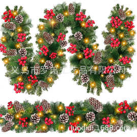 跨境圣诞节装饰PVC松针混合红果2.7米/1.8米圣诞藤条欧式壁炉挂饰