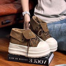 韩版2025新款磨砂翻领两穿系带厚底松糕小众板鞋女休闲高帮鞋女鞋