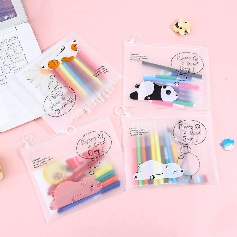 En stock al por mayor estudiante archivo de almacenamiento caja lápiz plástico transparente dibujos animados PE anillo cremallera ziplock bolso helado joyería