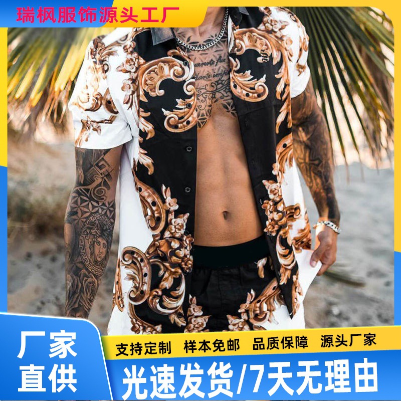 2025 여름 Amazon AliExpress 유럽과 미국 국경 간 남성 셔츠 캐주얼 루즈 반팔 반바지 비치 슈트