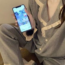 新款ins甜美荷叶边睡衣少女秋冬长袖长裤休闲简约家居服两件套装