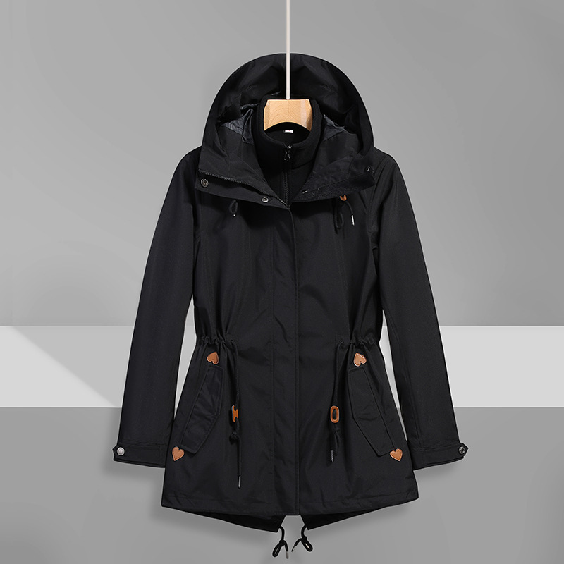 Women's winter outdoor three-in-one two-piece mid-length hooded casual sports trench coat fleece-lined thickened jacket