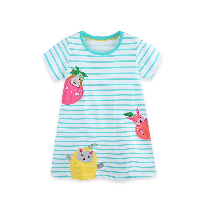 26 verano nuevo vestido infantil de estilo europeo y americano de dibujos animados bolsos gatos niñas vestido de princesa vestido a rayas de moda vestido infantil