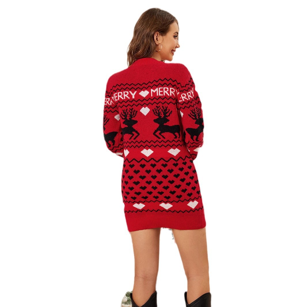 Damenbekleidung Langer Weihnachtspullover für Damen im Herbst und Winter, lässiges, schlankes Elch-Jacquard-Strickkleid_voghion.com