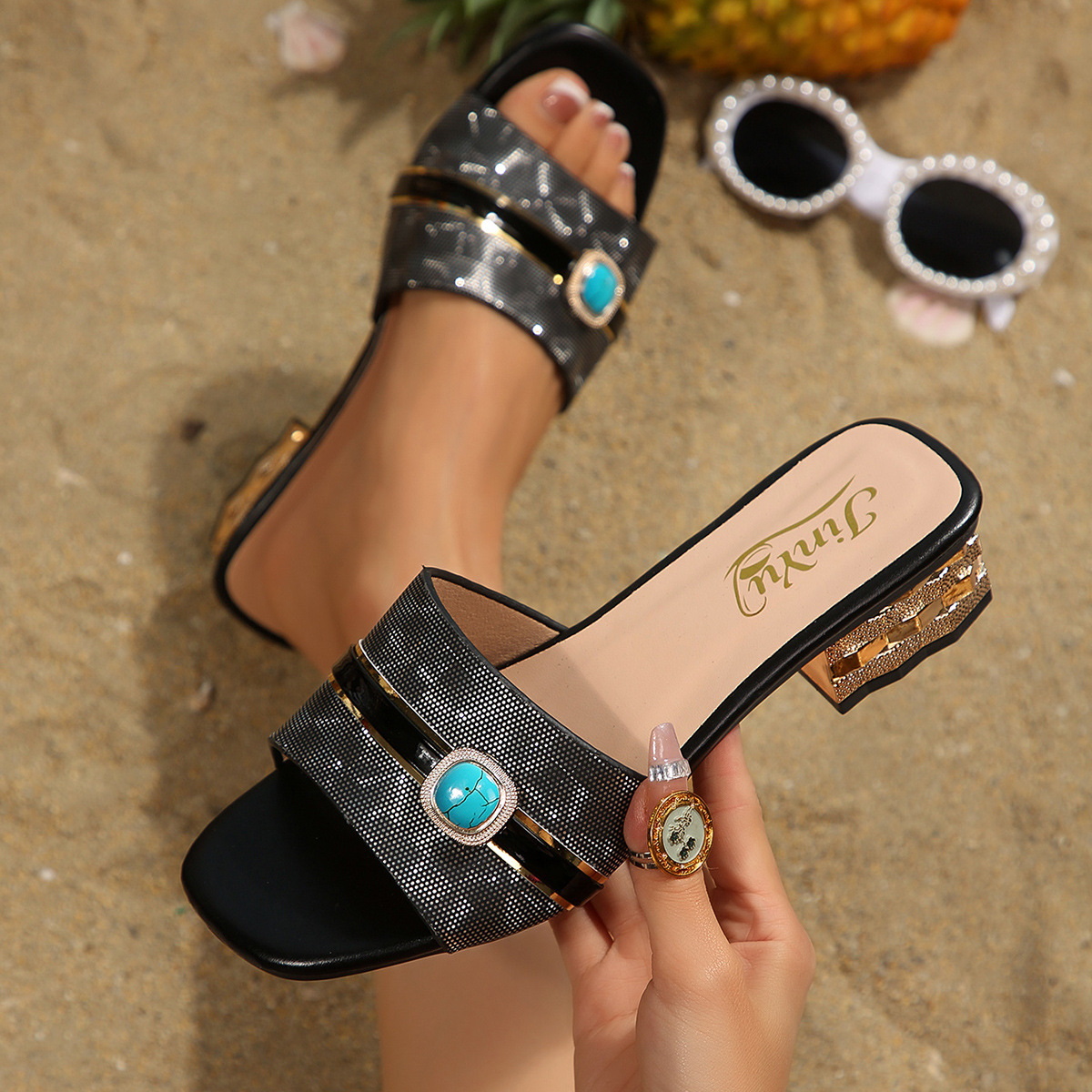 Sandalias de Tacón Alto para Mujer de Cuero Artificial con Puntera Cuadrada y Tacón Grueso para Verano