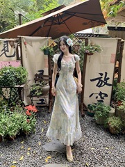 ハスの葉の辺の砕花のシフォンの微太ったmmのお茶の休憩のフランス感の甘い砕花のワンピースの女性の海辺のリゾート風