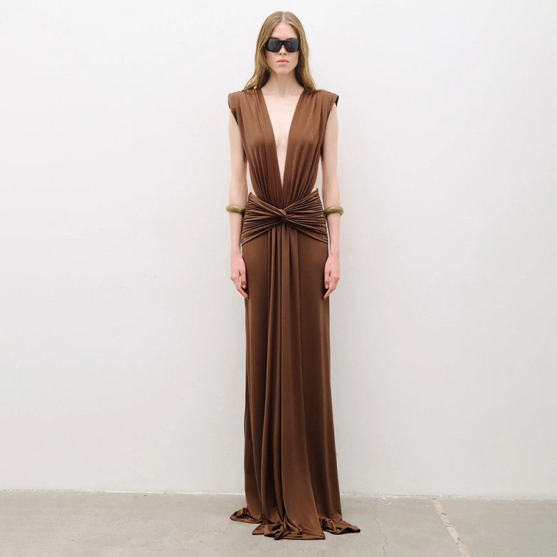In stock | Brown Twisted Pleated Sleeveless Dress European and American Fashion Foreign Trade Cross-Border Dress Hip-Hugging Dress