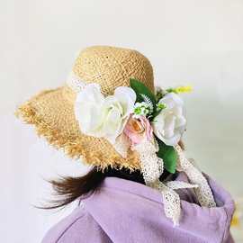 帽子女夏季大檐拉菲草帽防晒遮阳帽花朵点缀出游度假旅拍沙滩帽