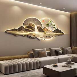 客厅装饰画沙发背景墙挂画新中式背有靠山轻奢高级感山水led灯画