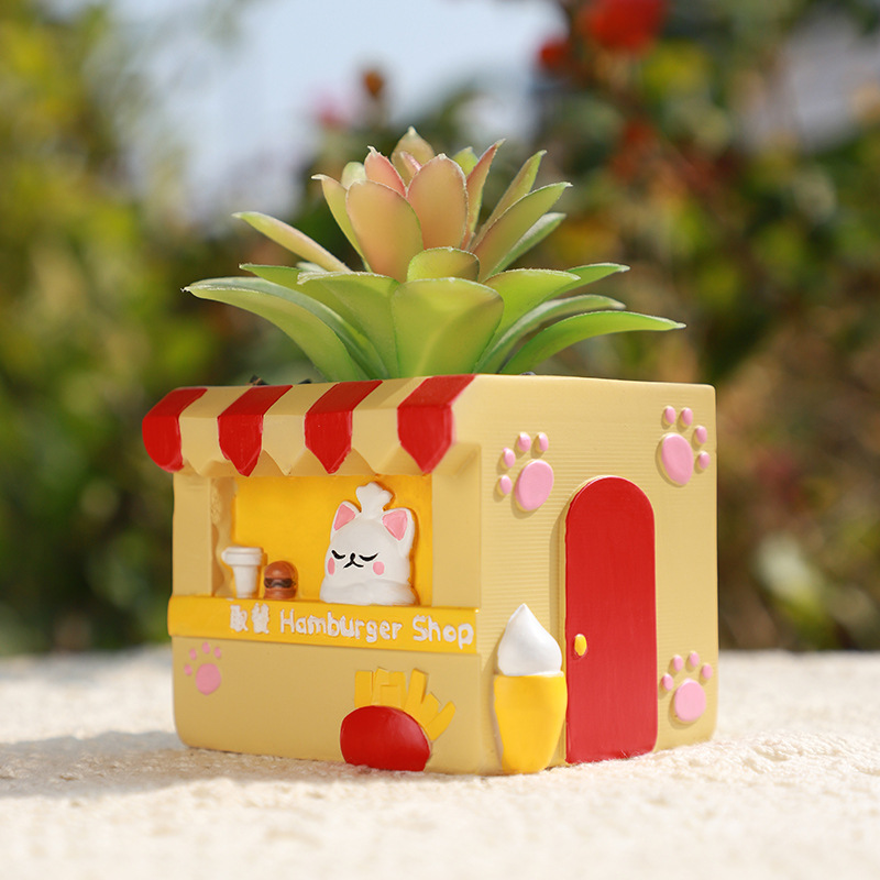 Chậu Cây Resin Chậu cây mọng nước hình cửa hàng đồ ăn hoạt hình resin, chậu mini để bàn, trang trí sân vườn (RG-225)