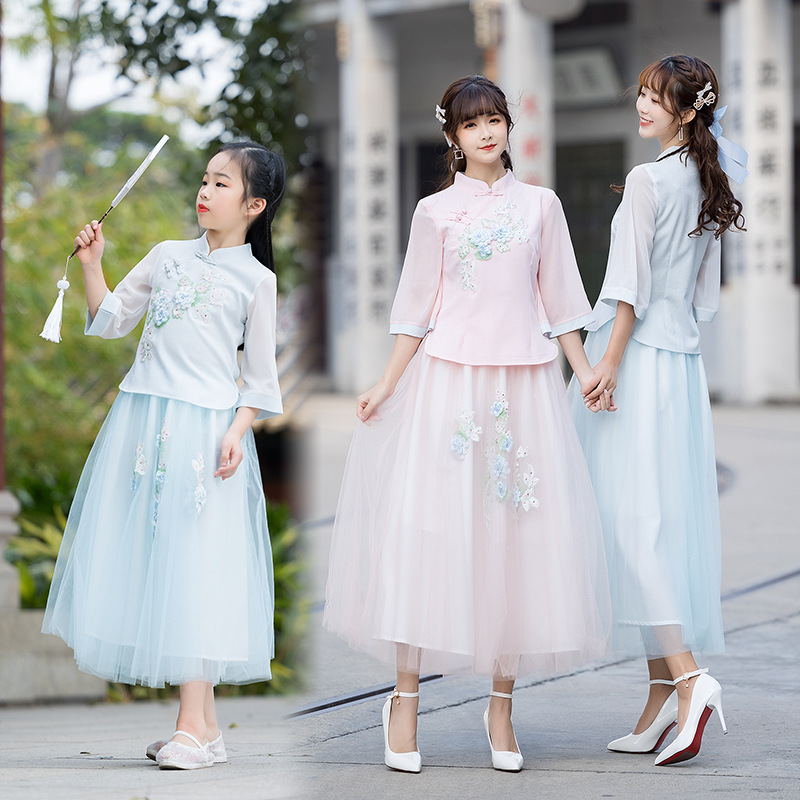 品質親子裝兒童套裝中式國潮旗袍唐裝新品民族風精致繡花網紗女童