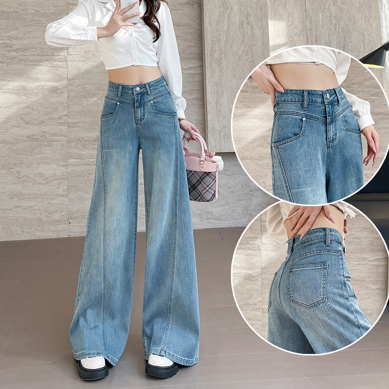 レトロブルーワイドレッグジーンズ女性の夏の新しい大きいサイズファットmmデザインスプライシングスリムストレートレッグフロアレングスパンツ|undefined