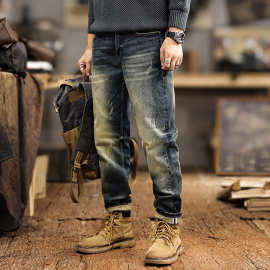 2025新款春夏牛仔裤男弹力休闲修身直筒裤水洗刮烂美式潮牌锥形裤