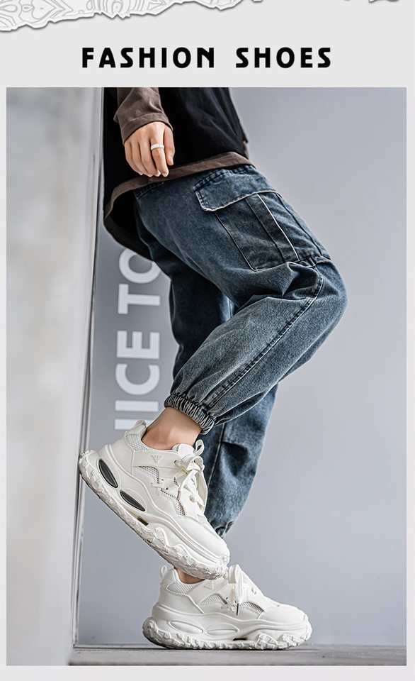 Giày thể thao nam sneaker lưới thoáng khí đế cao su đúc phun, gót thấp 1–3 cm — YC512 màu trắng, YC512 màu đen chi tiết 1