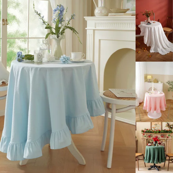 Lexuan Pure Color Round Tablecloth Washed Cotton Slightly Wrinkled Accessible Luxury High-End Round Table Coffee Table Cloth White Pink Blue Cover Cloth