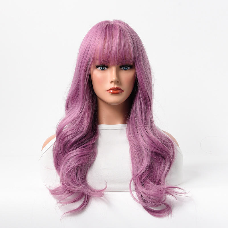 Supplier Wholesale Women's Long Curly Hair, Purple Brown Fashionable Synthetic Fiber Full Head Wig, Bangs, Wig Supplier Wholesale Women's Long Curly Hair, Purple Brown Fashionable Synthetic Fiber Full Head Wig, Bangs, Wig