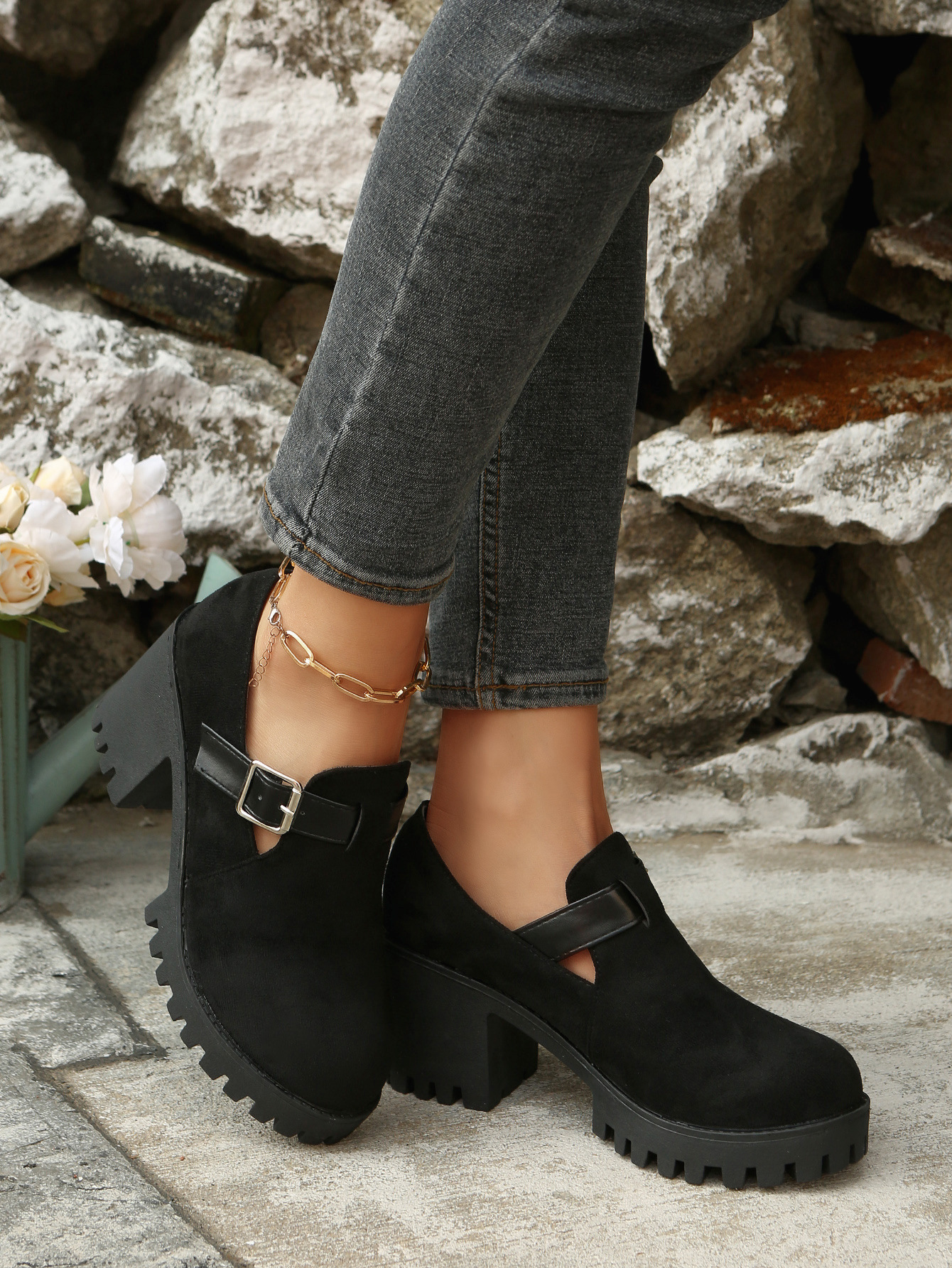 Damen Pumps Mit Blockabsatz Und Schnalle Aus Wildleder Für Damen_voghion.com