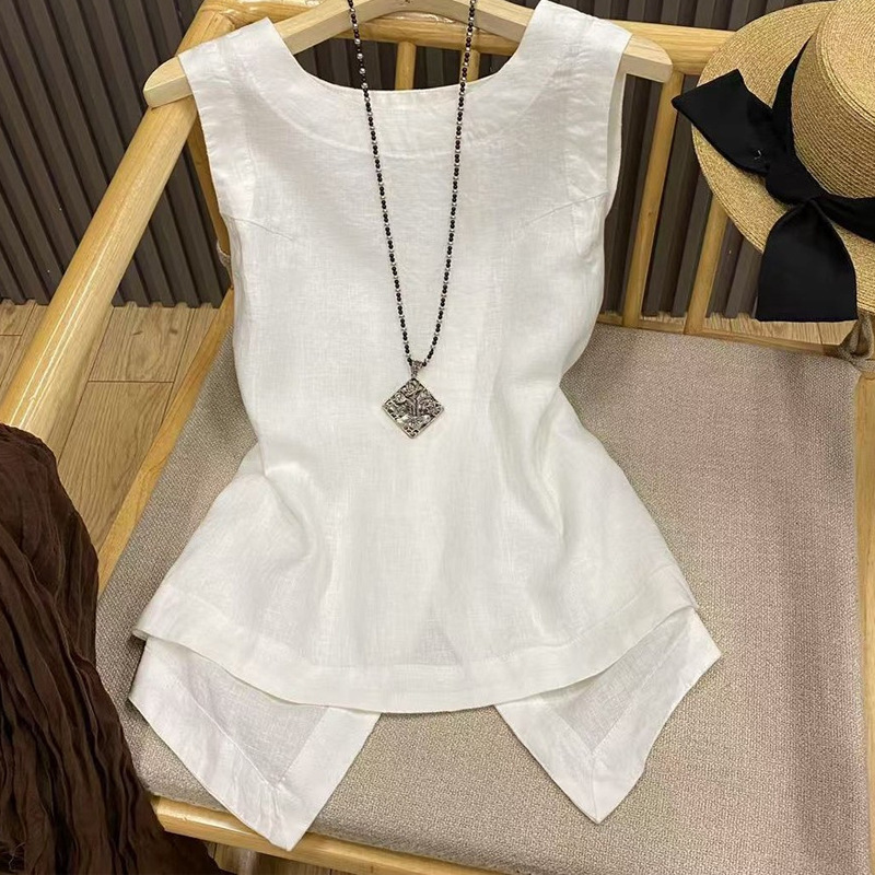 French High-End Linen Vest, Back Slit Shirt, Niche Design, Versatile Sleeveless Top, Women's New Summer Style