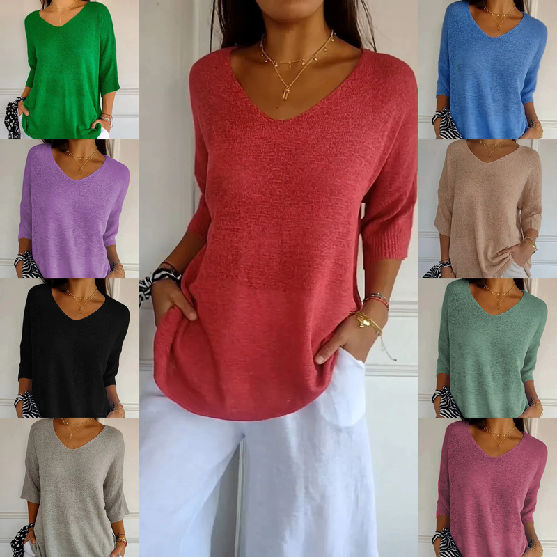Spring and Summer European and American V Neck Pure Color Knitwear Pure Color Lightweight Knitted Top Casual Basic Bottoming Shirt