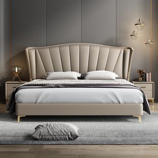 Italian-Style Light Luxury Genuine Leather Bed for Master Bedroom, Available in 2m Double Beds and 1.8m Wedding Beds, High-End and Elegant Leather Art Bed