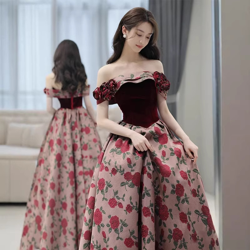 One-Shoulder New Style Dress with Floral Design, Runaway Princess Long Dress, Piano Host Banquet Bride's Toast Dress