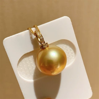 18K金海水南洋金珠12-13mm正圆无瑕滑皮浓金吊坠高档奢华送礼女