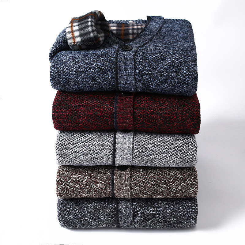 Cross-border new autumn and winter men's fleece-lined knitted button cardigan sweater father coat [fleece-lined thickening]]