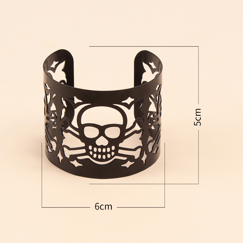Bracelet en métal personnalisé avec tête de mort, bracelet large à manchette noire rétro punk pour Halloween_voghion.com