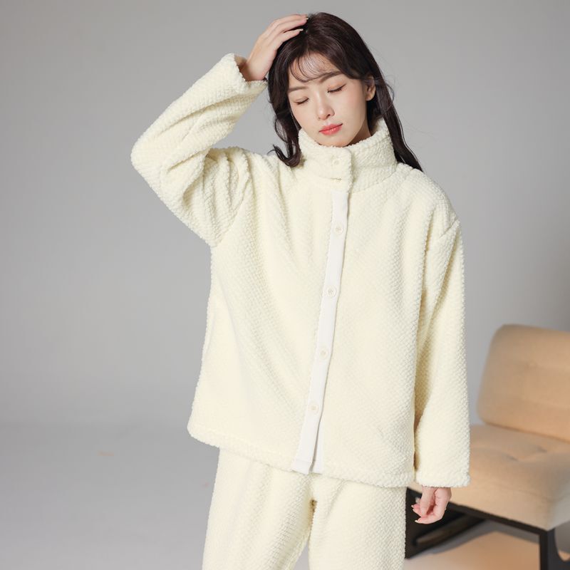 Couple Pajamas Autumn and Winter Polar Fleece Thickened Cardigan Women's Suit Flannel Home Clothes Large Size Men's Two-Piece Set