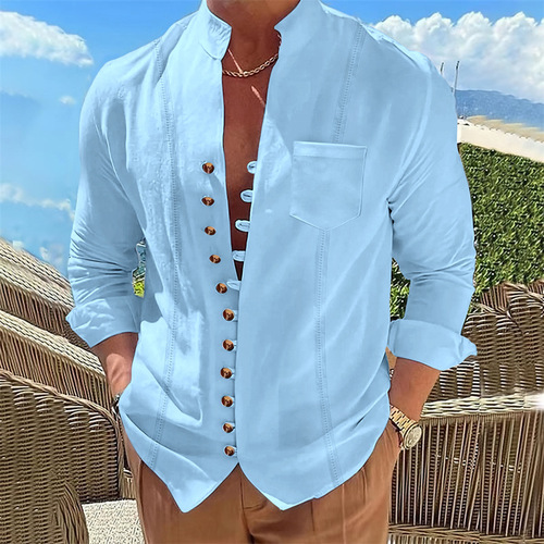 Wish Men's Vintage Cuban Style Cotton Linen Casual Loose Long-Sleeve Shirt