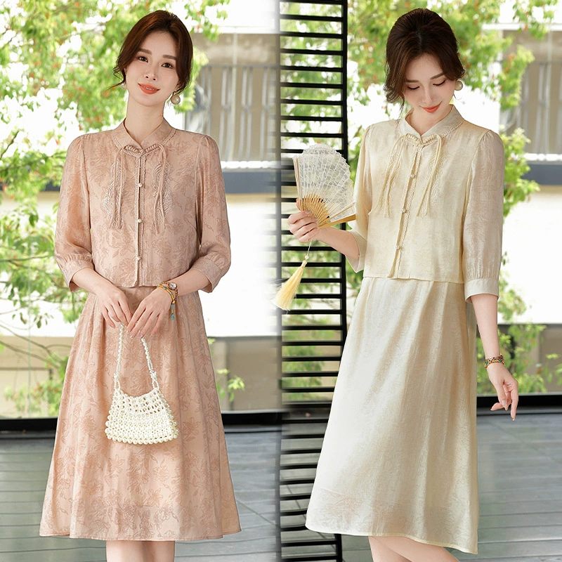 【Xiang】Летнее платье для мамы с курткой на пуговицах, комплект из двух предметов для женщин среднего и пожилого возраста, тонкое платье ко Дню матери.