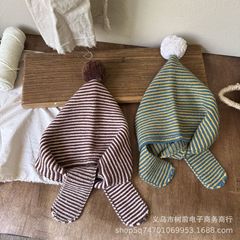 复古条纹帽子围巾一体针织包头帽批发秋冬男女童户外保暖护颈帽子