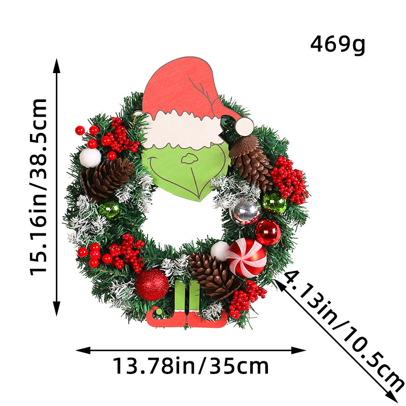Guirnalda Navideña Creativa de Amazon con Diseño de Grinch, Guirnalda de Navidad con Diseño de Monstruo Verde y Piñas, Decoración para Colgar en la Pared o en la Puerta