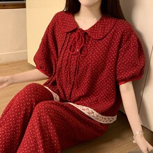 睡衣女2025韩甜美小清新宽松透气软绵双纱短袖夏季外穿家居服套装